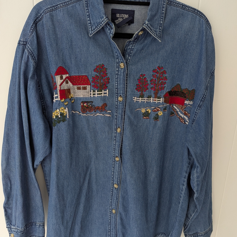 Vintage Denim Shirt with Farm Scene Embroidery